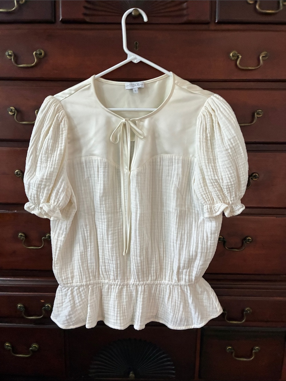 S’edge Cream Puff-Sleeve Peplum Tie-Neck Blouse